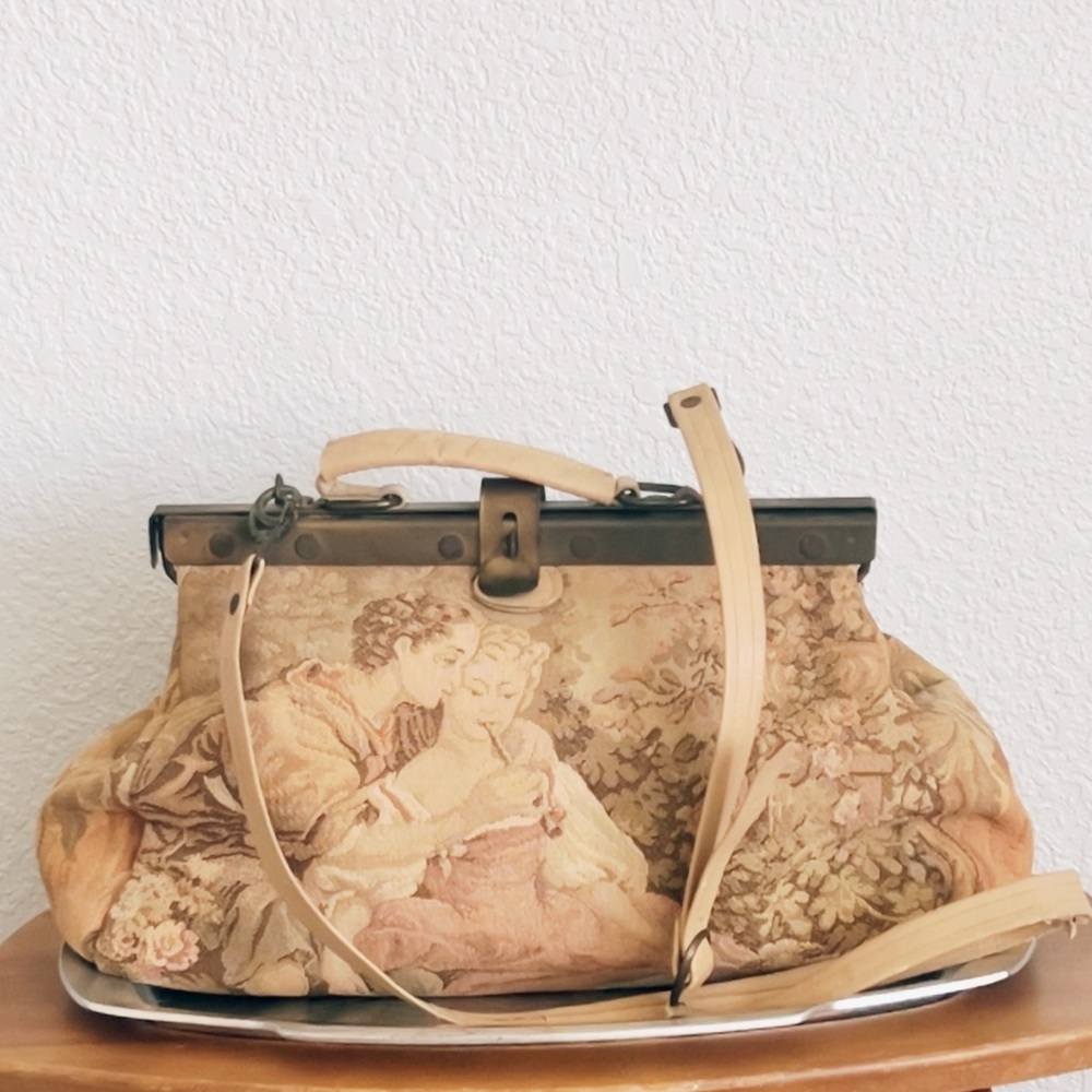 Vintage 70s Early Carpetbags of America Tapestry Doctor Bag Rococo Artsy Brass